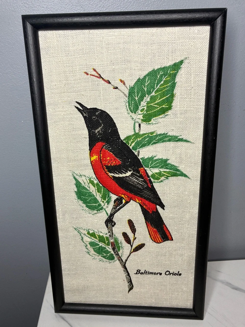 Mid Century Baltimore Oriole Bird Textile Wall Art Framed Linen Print